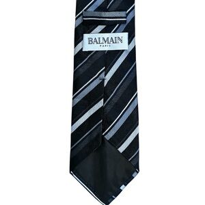 Balmain Black and Silver Diagonal Stripe Silk Tie